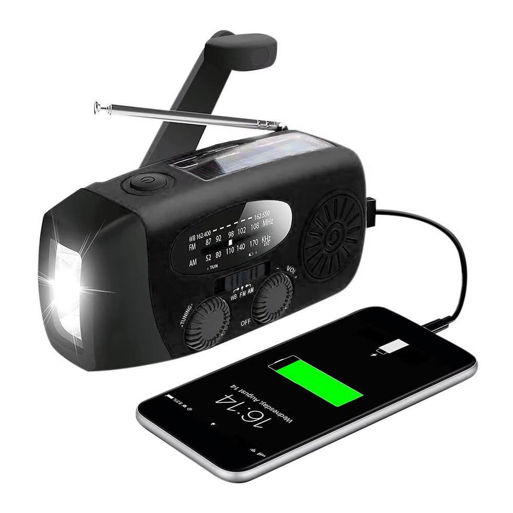 A-One Brand - Vevradio 2000mAh Powerbank, Solceller, Ficklampa - Svart