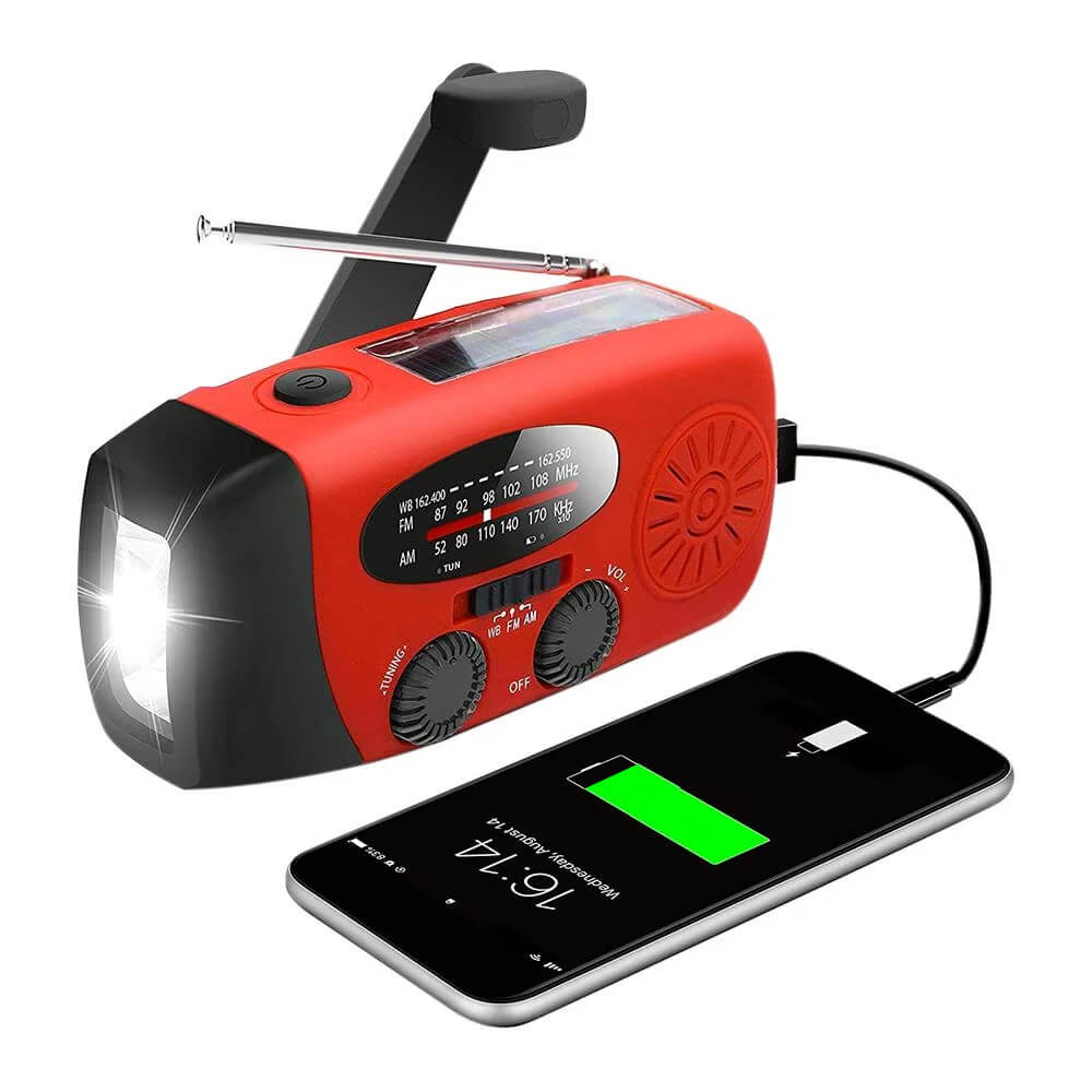 A-One Brand - Vevradio 2000mAh Powerbank, Solceller, Ficklampa - Röd