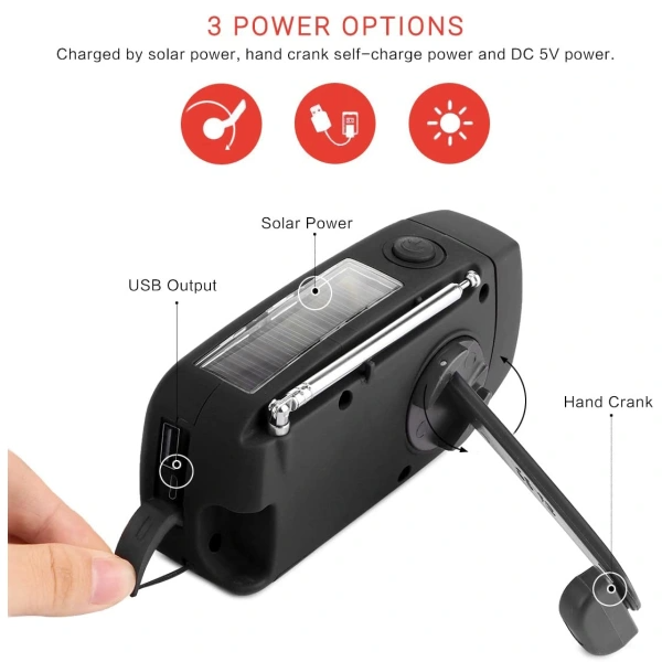 A-One Brand - Vevradio 2000mAh Powerbank, Solceller, Ficklampa - Svart