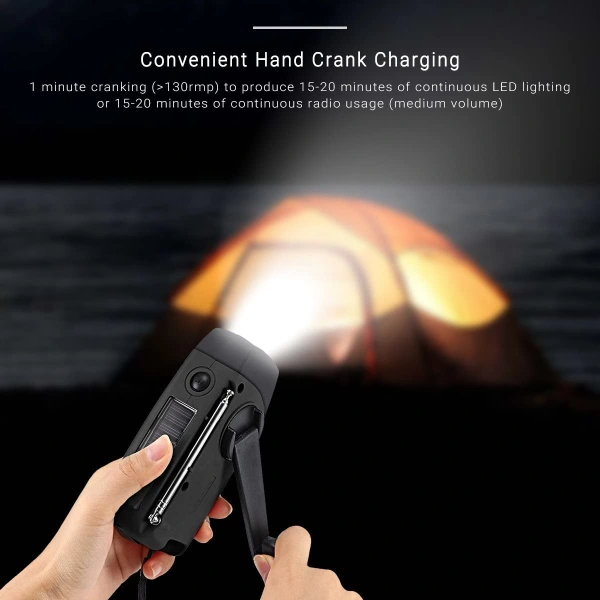 A-One Brand - Vevradio 2000mAh Powerbank, Solceller, Ficklampa - Svart