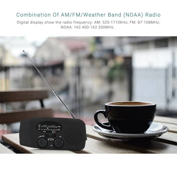 A-One Brand - Vevradio 2000mAh Powerbank, Solceller, Ficklampa - Svart