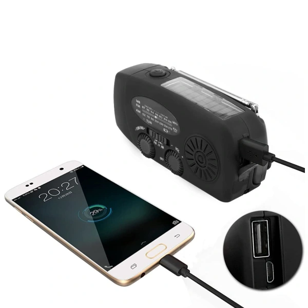A-One Brand - Vevradio 2000mAh Powerbank, Solceller, Ficklampa - Svart