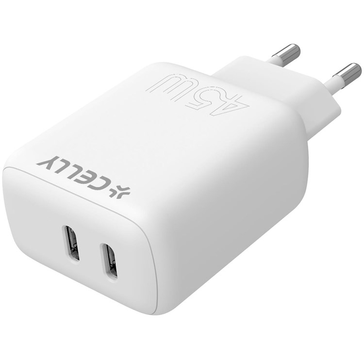 Celly USB-Laddare Adapter 2x USB-C PD 45W - Vit - TheMobileStore Väggladdare USB-C