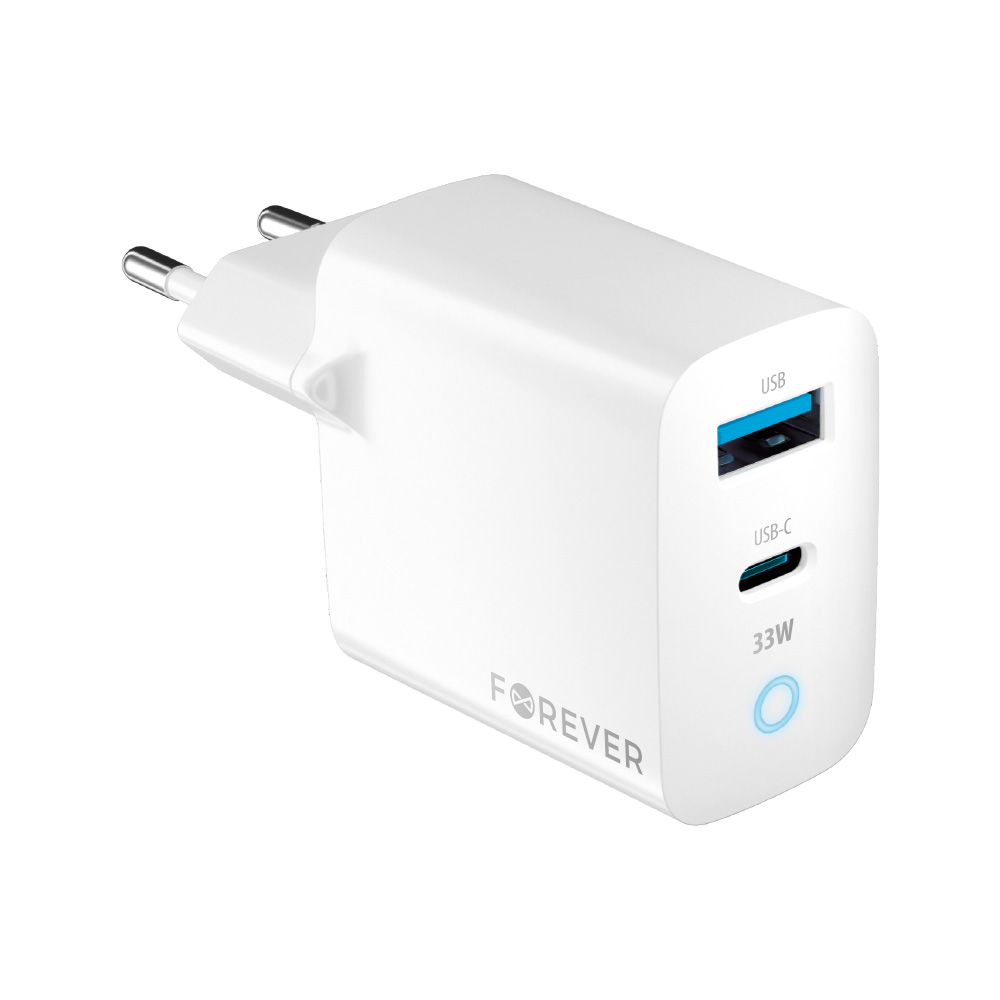 Forever GaN Väggladdare 1x USB-C 1x USB 33W TC-06-33AC - Vit