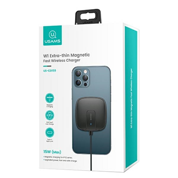 USAMS - USAMS Induktionsladdare US-CD159 Magnetisk W1 15W iPhone 12 - Svart