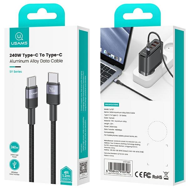 USAMS - USAMS SY Series USB-C/USB-C Kabel flätad 240W 1,2 m SJ727USB01 – Stål