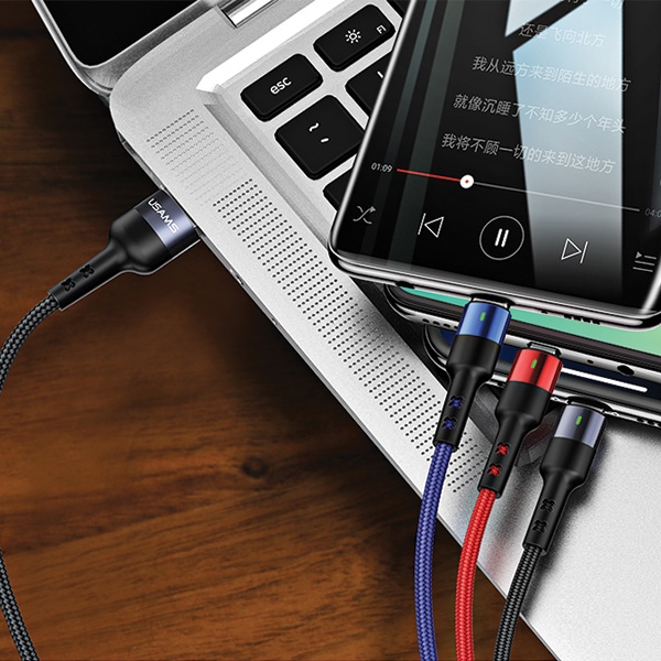 USAMS - USAMS U26 Kabel flätad 3-i-1 0,35 m 2A SJ410USB01 (US-SJ410) – Svart