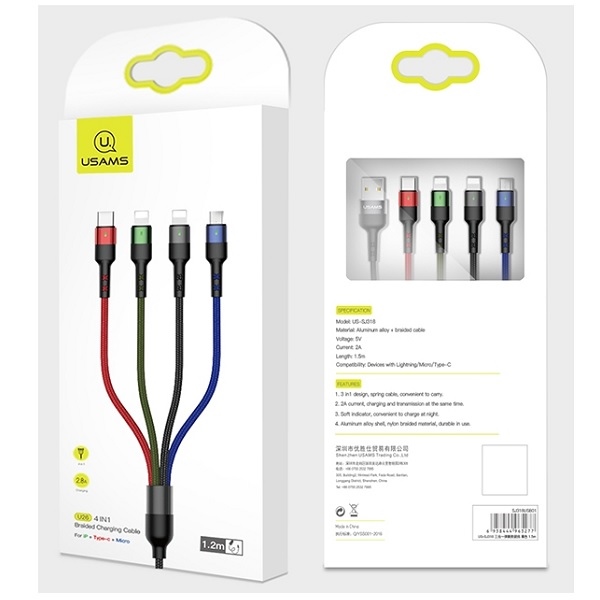USAMS - USAMS U26 Kabel flätad 4-i-1 3 m 2A SJ413USB01 (US-SJ413) – Svart