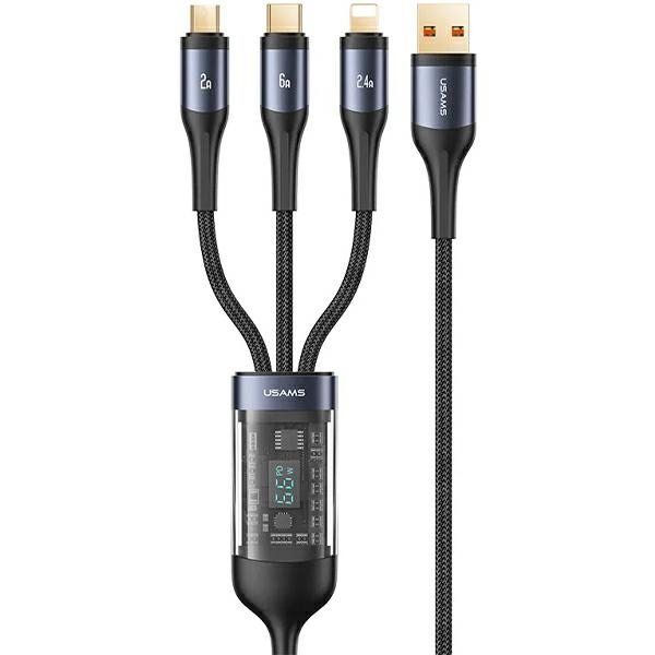 USAMS - USAMS U83 Kabel flätad 3-i-1 66W 1,2 m Digital Display – Svart