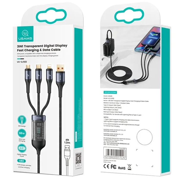 USAMS - USAMS U83 Kabel flätad 3-i-1 66W 1,2 m Digital Display – Svart