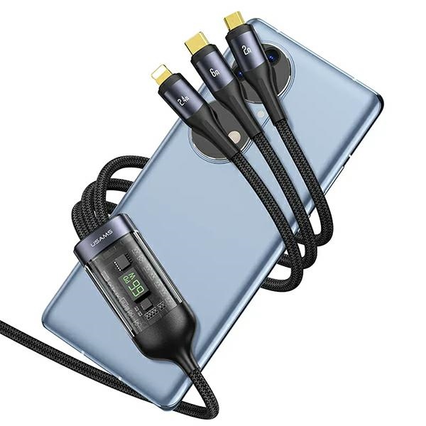USAMS - USAMS U83 Kabel flätad 3-i-1 66W 1,2 m Digital Display – Svart