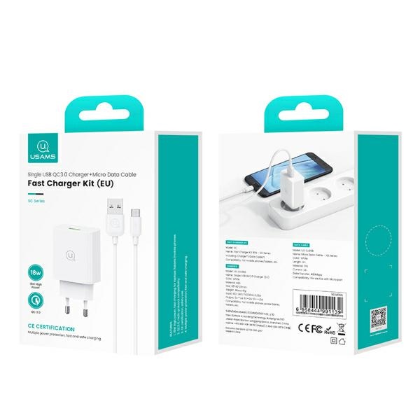USAMS - USAMS Väggladdare 18W + USB-C/USB-A 1m kabel SC-serien SCXLTZ02 – Vit