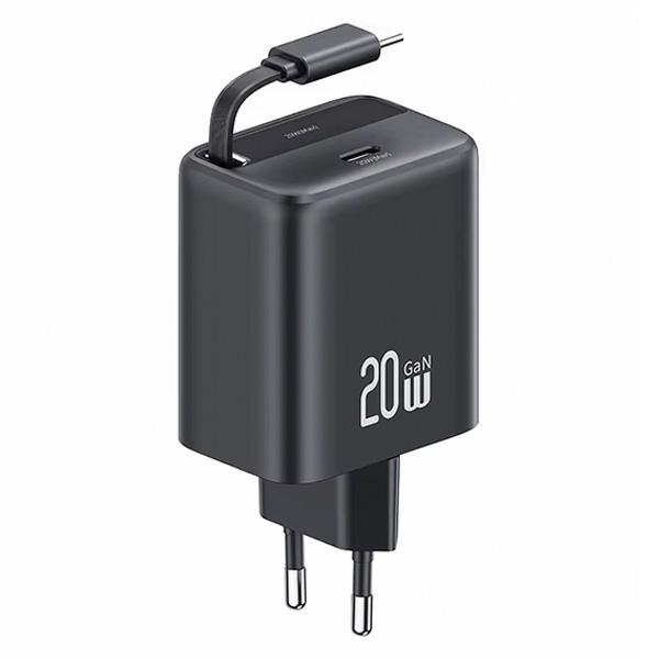 USAMS - USAMS Väggladdare 1xUSB-C m utdragbar kabel PD+QC 20W GaN - Svart