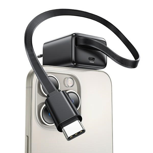 USAMS - USAMS Väggladdare 1xUSB-C m utdragbar kabel PD+QC 20W GaN - Svart