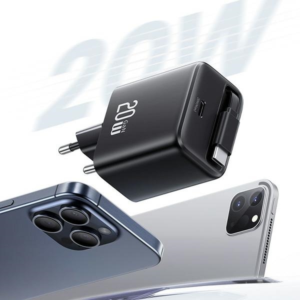 USAMS - USAMS Väggladdare 1xUSB-C m utdragbar kabel PD+QC 20W GaN - Svart