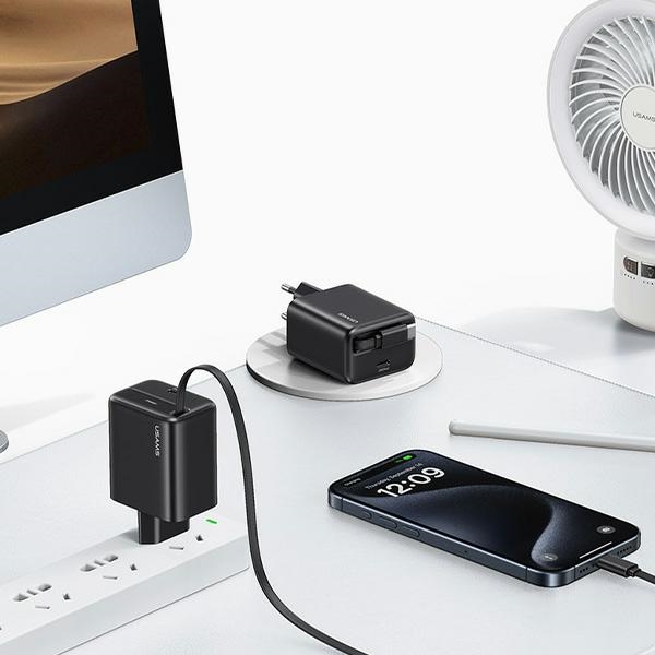 USAMS - USAMS Väggladdare 1xUSB-C m utdragbar kabel PD+QC 20W GaN - Svart