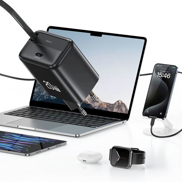 USAMS - USAMS Väggladdare 1xUSB-C m utdragbar kabel PD+QC 20W GaN - Svart
