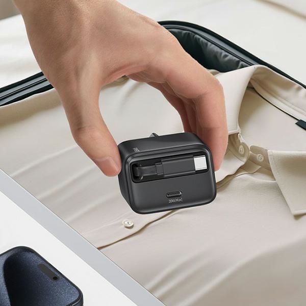 USAMS - USAMS Väggladdare 1xUSB-C m utdragbar kabel PD+QC 20W GaN - Svart