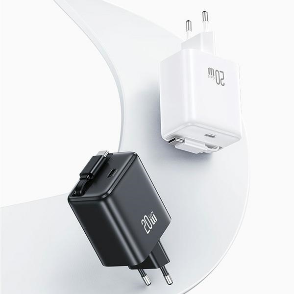 USAMS - USAMS Väggladdare 1xUSB-C m utdragbar kabel PD+QC 20W GaN - Svart