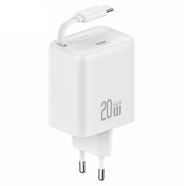 USAMS - USAMS Väggladdare 1xUSB-C med utdragbar USB-C kabel PD+QC 20W GaN – Vit