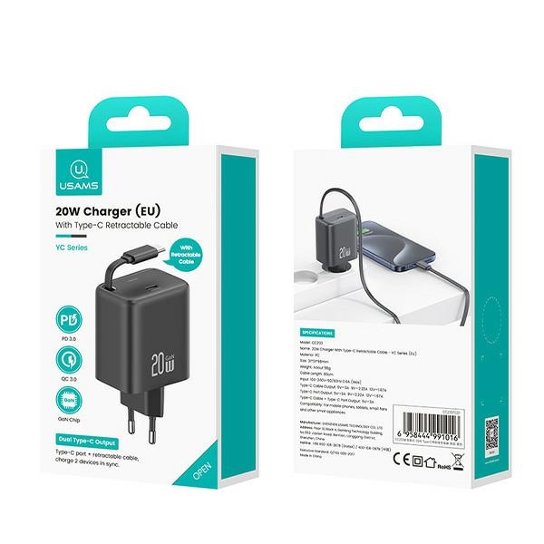 USAMS - USAMS Väggladdare 1xUSB-C med utdragbar USB-C kabel PD+QC 20W GaN – Vit