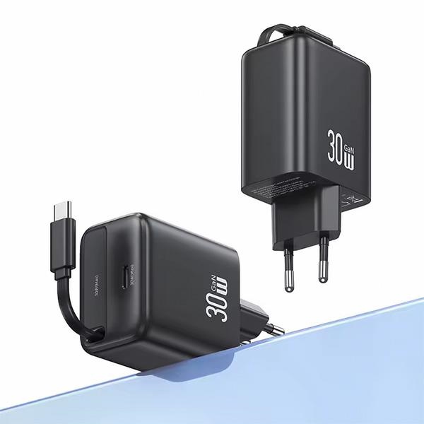 USAMS - USAMS Väggladdare 1xUSB-C med utdragbar USB-C kabel PD+QC 30W GaN – Vit