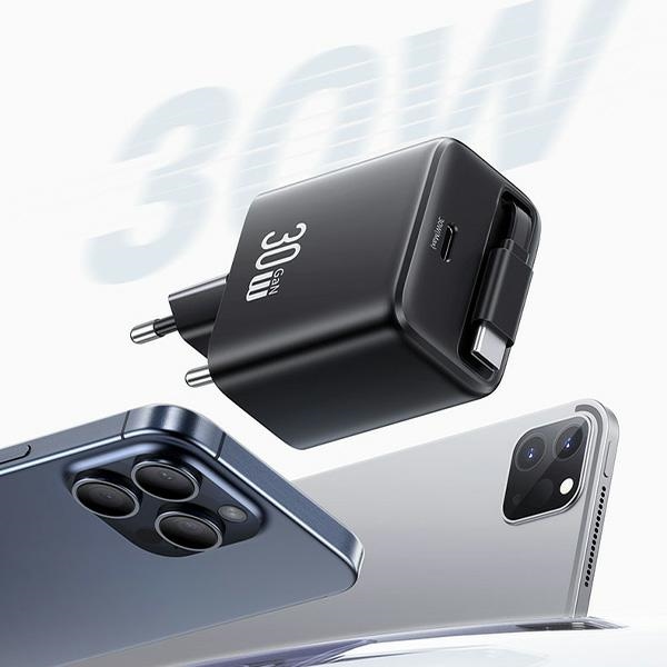 USAMS - USAMS Väggladdare 1xUSB-C med utdragbar USB-C kabel PD+QC 30W GaN – Vit