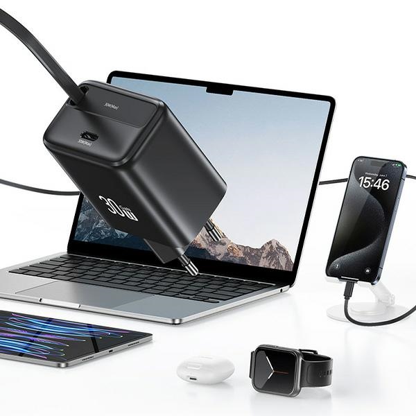 USAMS - USAMS Väggladdare 1xUSB-C med utdragbar USB-C kabel PD+QC 30W GaN – Vit