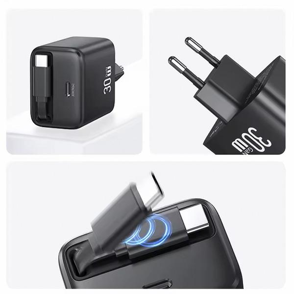 USAMS - USAMS Väggladdare 1xUSB-C med utdragbar USB-C kabel PD+QC 30W GaN – Vit