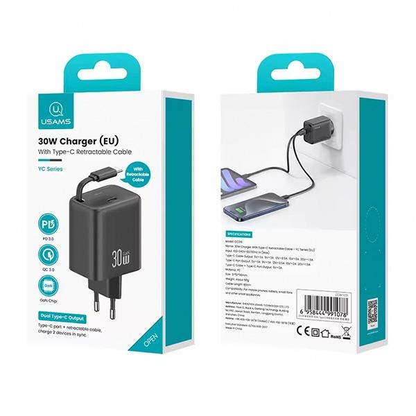 USAMS - USAMS Väggladdare 1xUSB-C med utdragbar USB-C kabel PD+QC 30W GaN – Vit