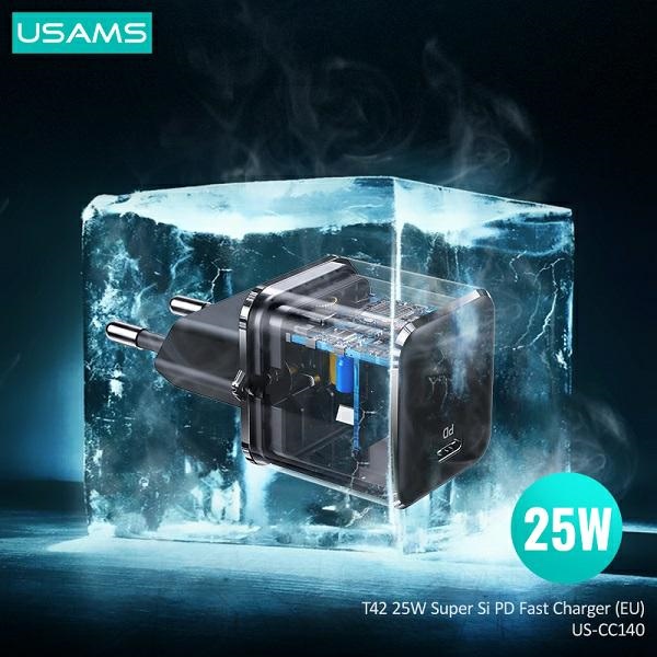 USAMS - USAMS Väggladdare 1xUSB-C T42 Mini 25W Super SI PD3.0 Svart