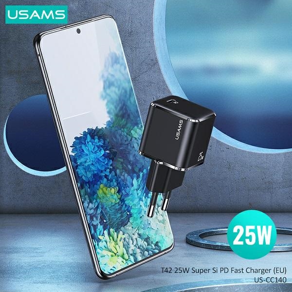 USAMS - USAMS Väggladdare 1xUSB-C T42 Mini 25W Super SI PD3.0 Svart