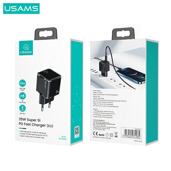 USAMS - USAMS Väggladdare 1xUSB-C T42 Mini 25W Super SI PD3.0 Svart