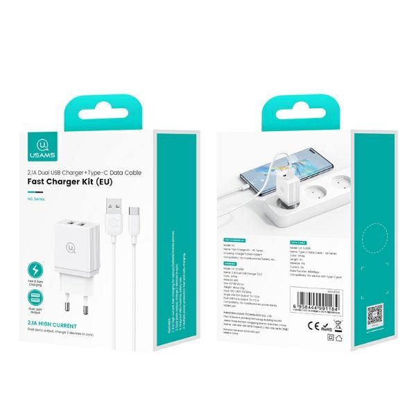 USAMS - USAMS Väggladdare 2xUSB-A + USB-C/USB-A kabel HC-serien HCXLTZ03 – Vit