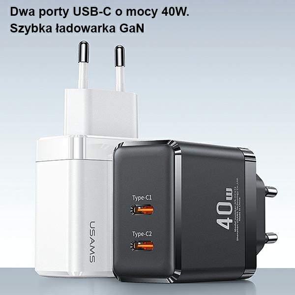 USAMS - USAMS Väggladdare 2xUSB-C T54 GaN 40W PD Fast Charging - Svart