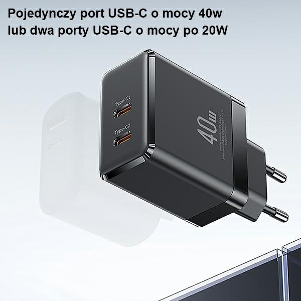 USAMS - USAMS Väggladdare 2xUSB-C T54 GaN 40W PD Fast Charging - Svart