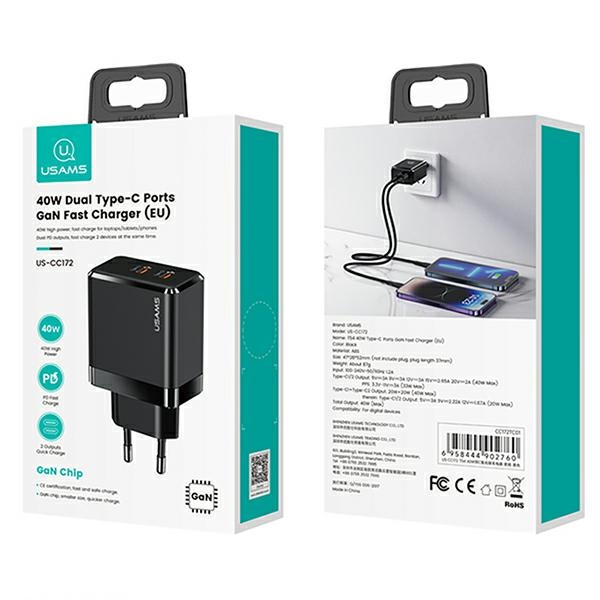 USAMS - USAMS Väggladdare 2xUSB-C T54 GaN 40W PD Fast Charging - Svart