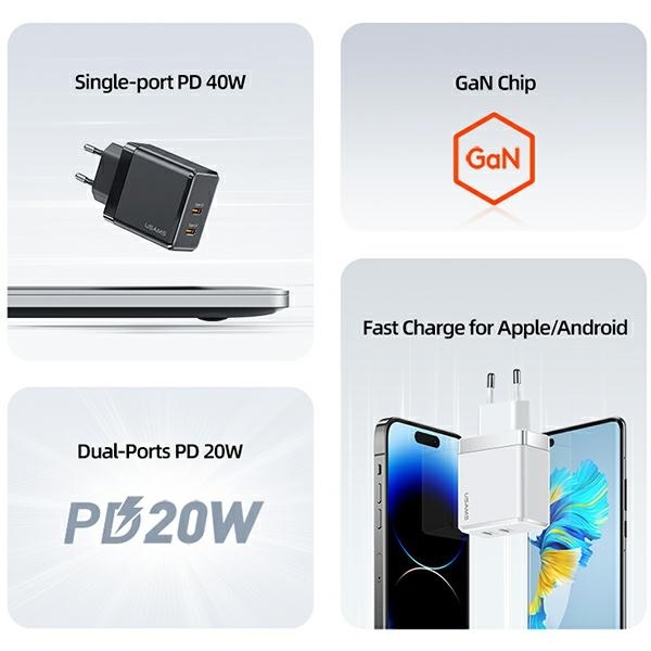 USAMS - USAMS Väggladdare 2xUSB-C T54 GaN 40W PD Fast Charging (US-CC172) – Vit