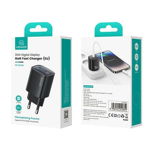 USAMS - USAMS Väggladdare CC229 30W GaN USB-C/USB-A XC-serien CC229TC01 – Svart