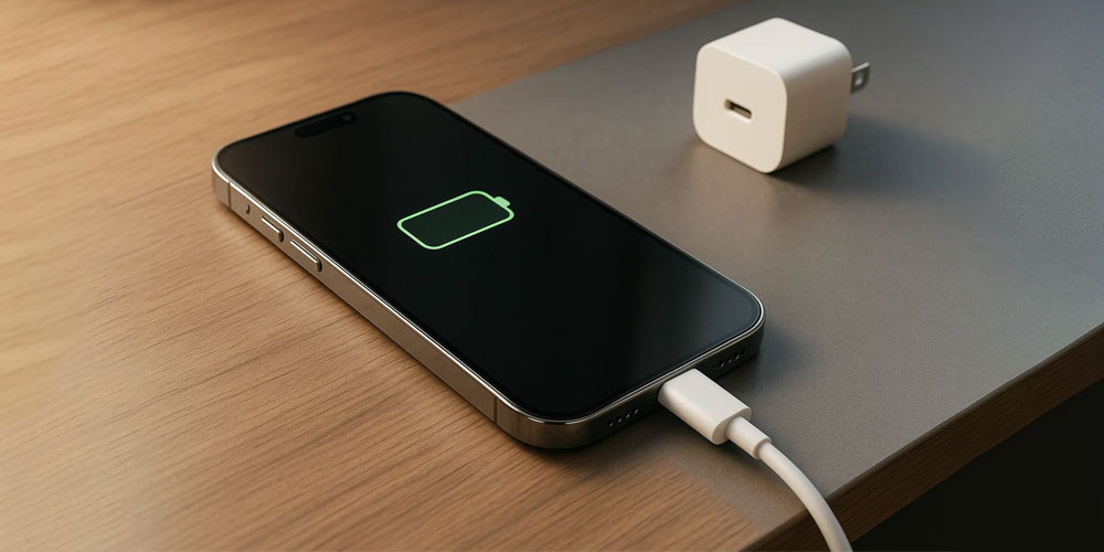iPhone 16 laddning USB-C snabbladdare och kablar översikt