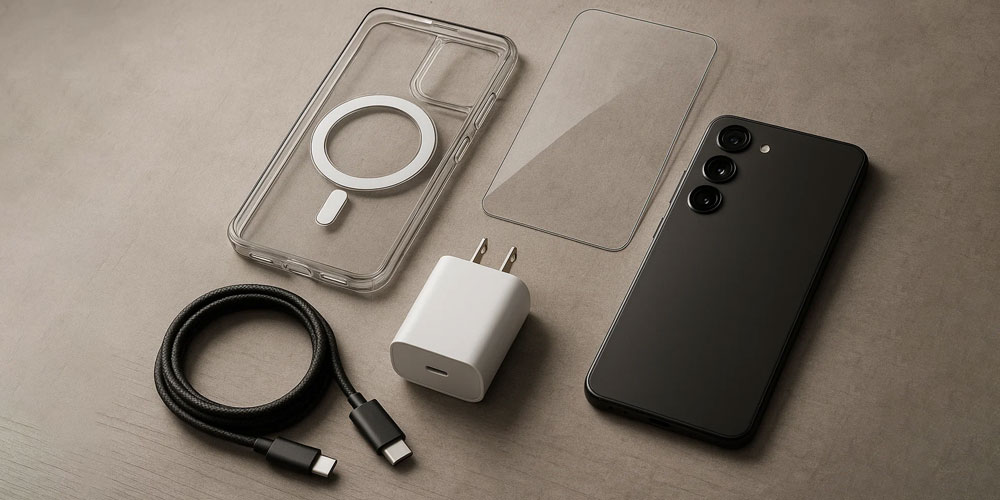 Galaxy S25 tillbehörspaket skal glas laddare komplett