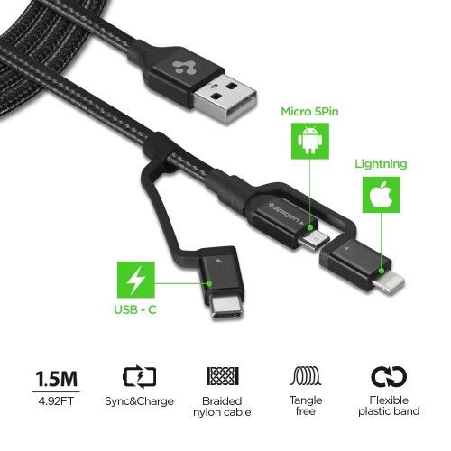 UTGATT5 - SPIGEN C10I3 3In1 USB-C & Lightning & Micro-Usb Kabel 150 cm Svart