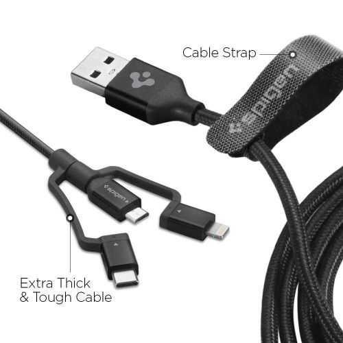 UTGATT5 - SPIGEN C10I3 3In1 USB-C & Lightning & Micro-Usb Kabel 150 cm Svart