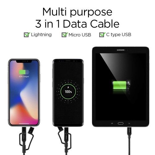 UTGATT5 - SPIGEN C10I3 3In1 USB-C & Lightning & Micro-Usb Kabel 150 cm Svart
