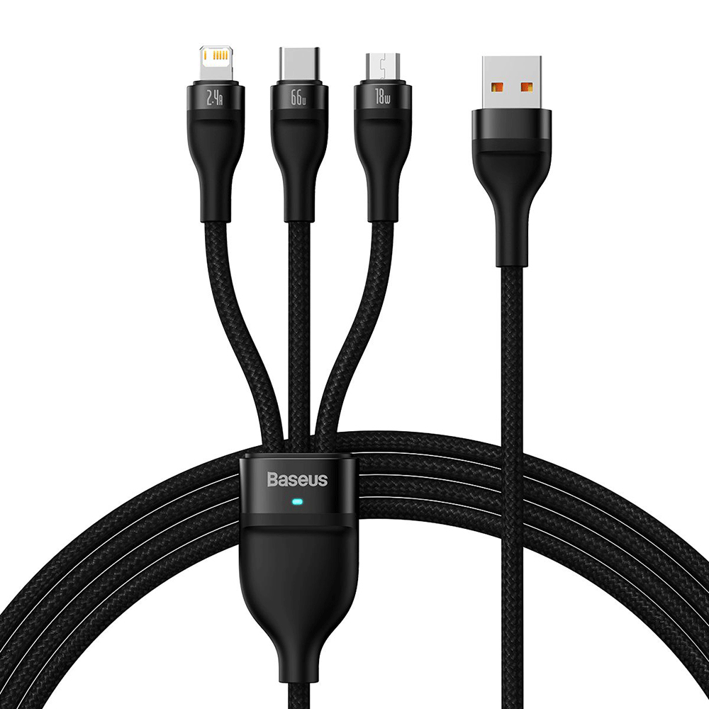BASEUS - BASEUS kabel USB 3in1 USB-C microUSB Lightning 66W 1,2m svart
