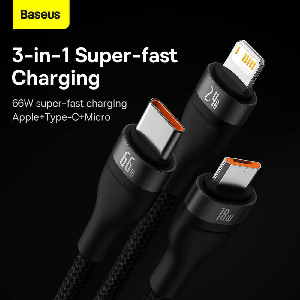 BASEUS - BASEUS kabel USB 3in1 USB-C microUSB Lightning 66W 1,2m svart