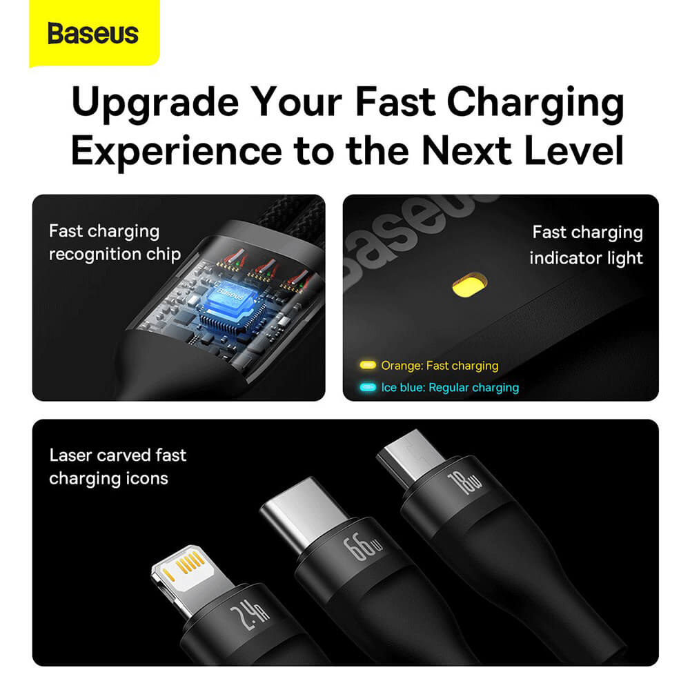 BASEUS - BASEUS kabel USB 3in1 USB-C microUSB Lightning 66W 1,2m svart
