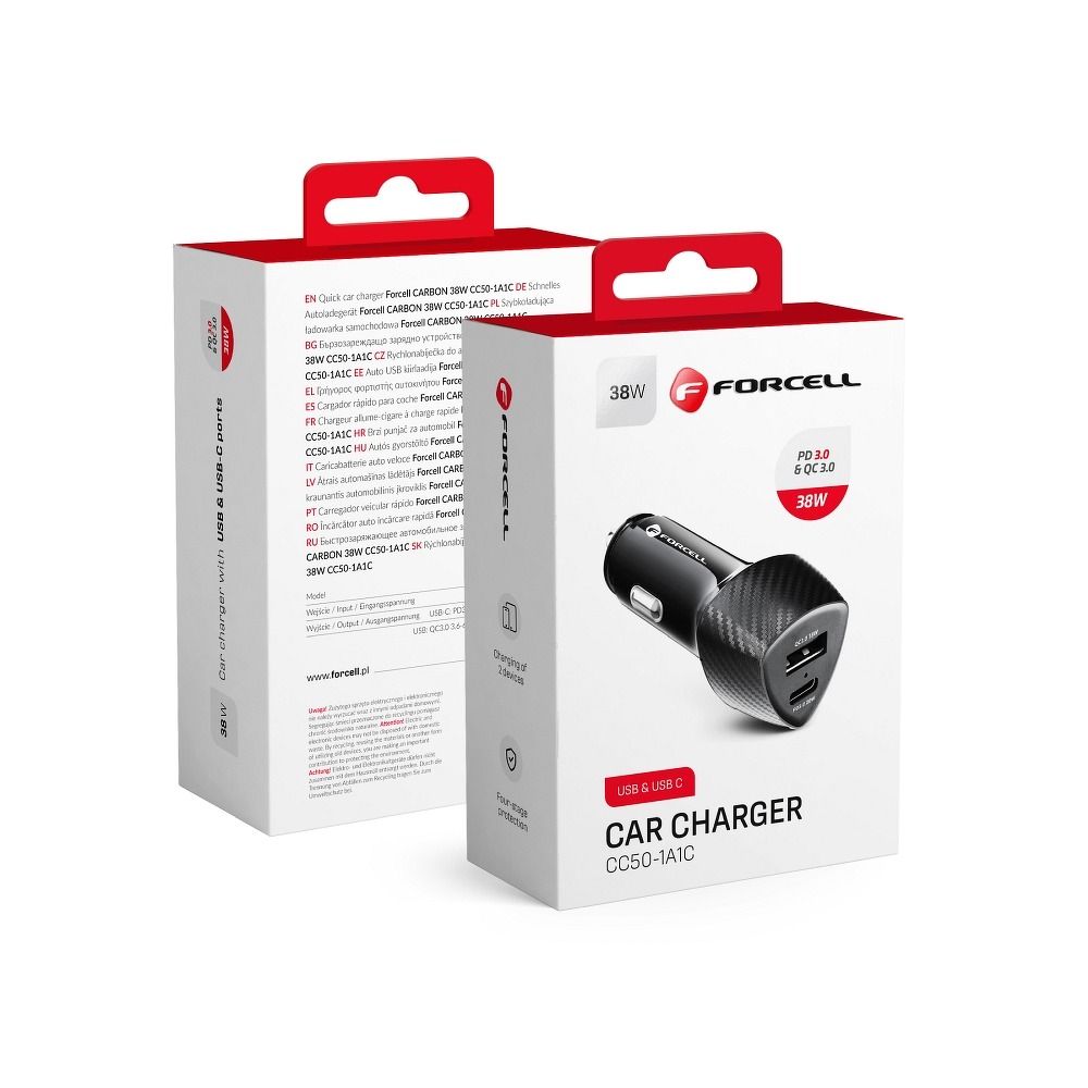 FORCELL billaddare USB-C 3.0 PD20W USB QC3.0 18W 5A svart