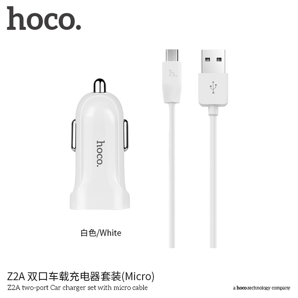 Hoco - HOCO Billaddare double USB port 2,4A med Micro Kabel Z2A Vit