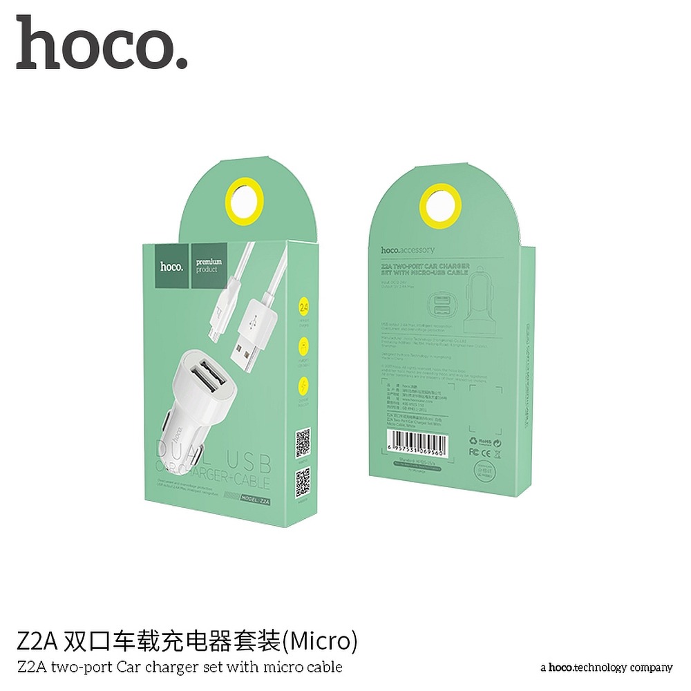Hoco - HOCO Billaddare double USB port 2,4A med Micro Kabel Z2A Vit